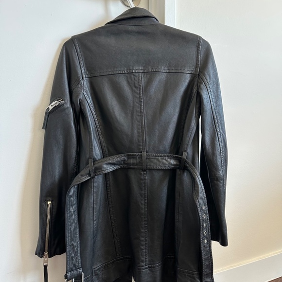 AllSaints Asker black Leather biker jacket trench leather jacket size 0 - Picture 4 of 14